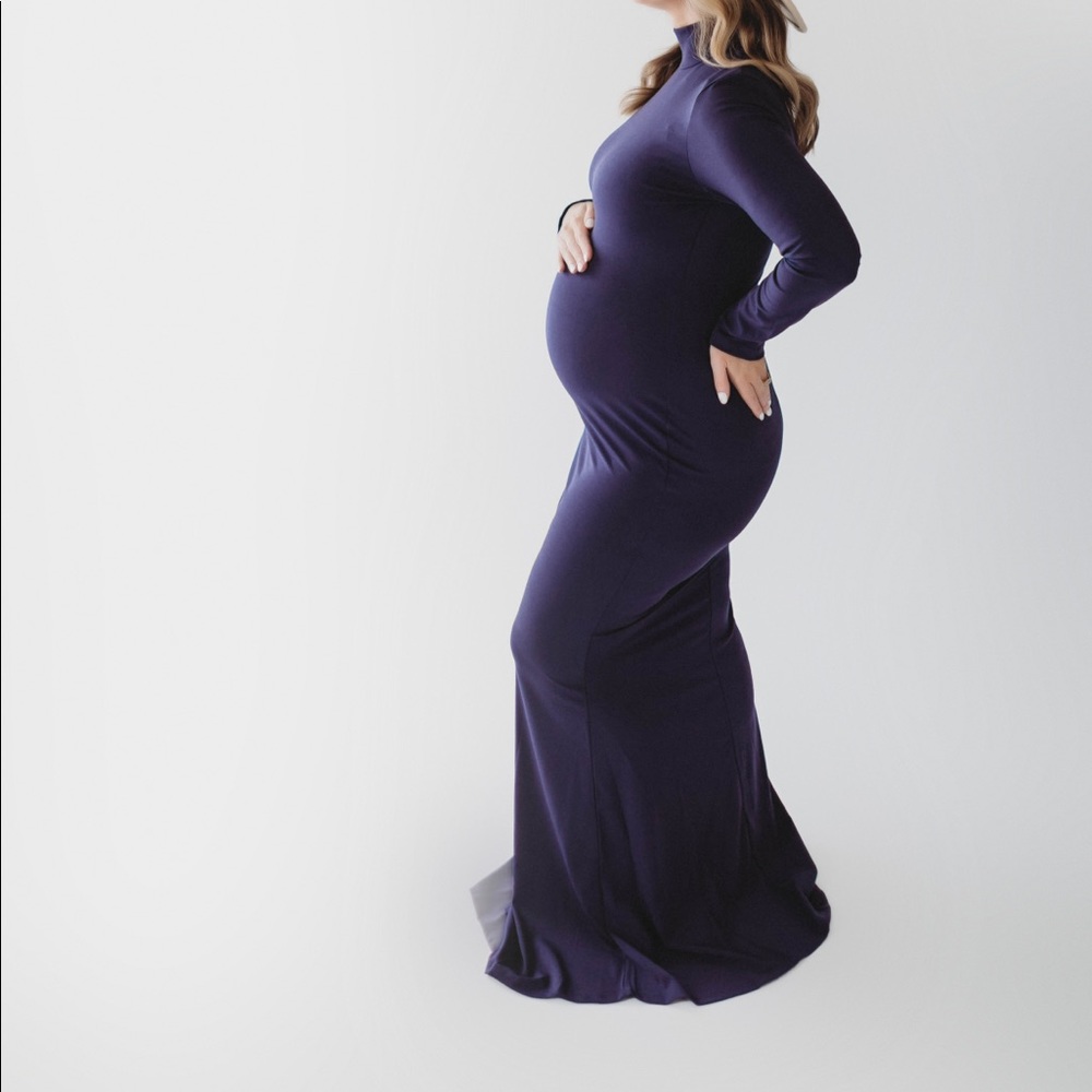 Navy Blue M Turtleneck Long Sleeve Bodycon Maxi